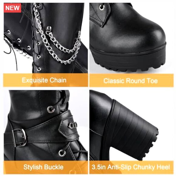 Knee High Platform Boots with Block Heels, Lace Up & Side Zipper - Picture 4 of 7